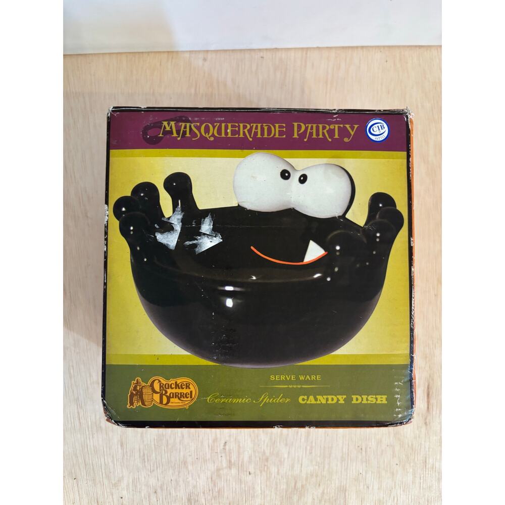 CRACKER BARREL Candy Dish, Halloween Spider Masquerade Party, Black Ceramic, 6"